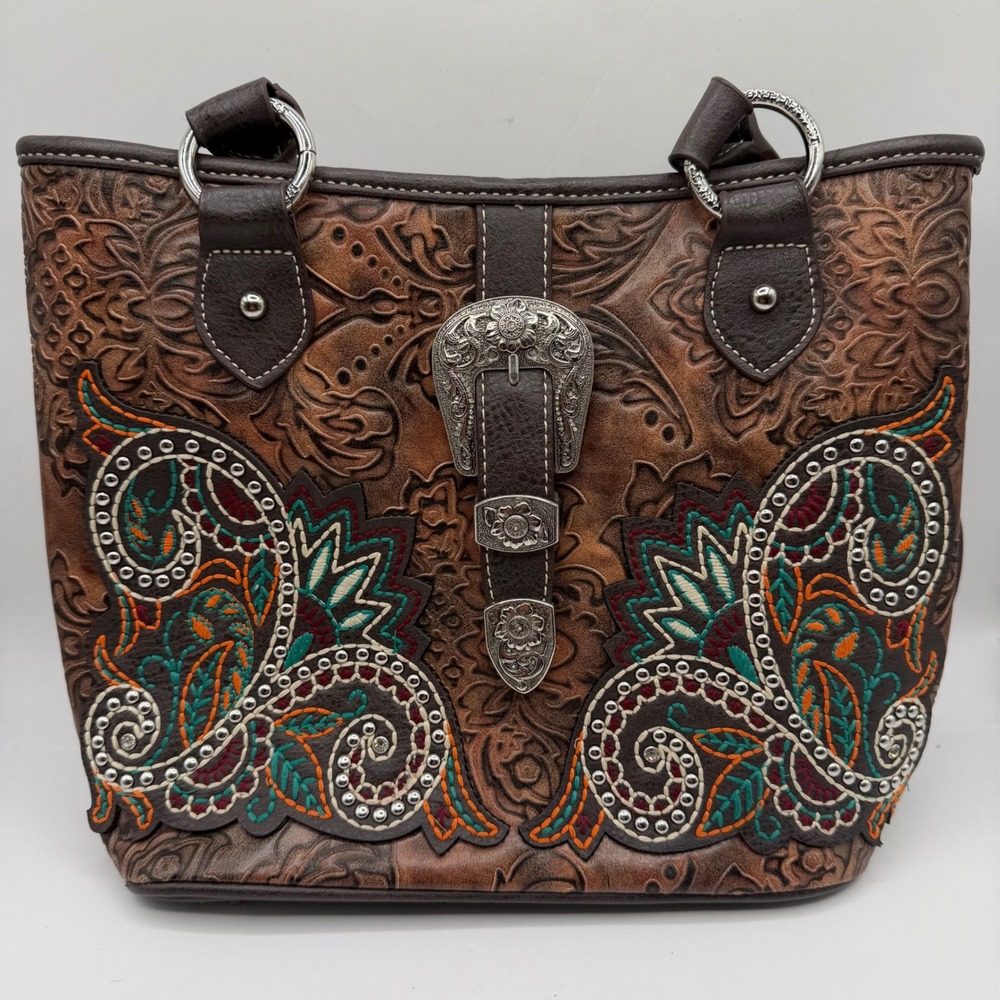 Montana West Brown Floral Embossed Embroidered Western Concealed Carry Tote Bag‎